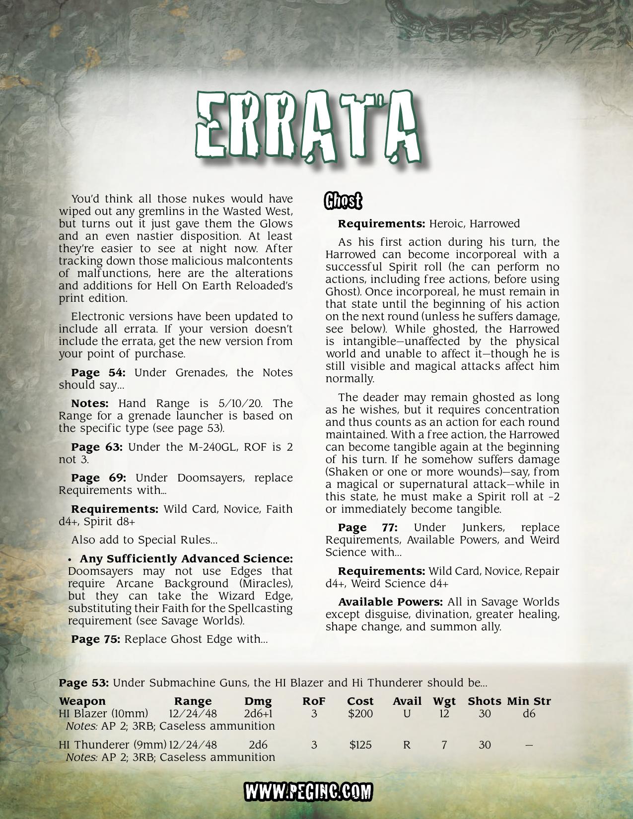 Hell On Earth Reloaded Errata