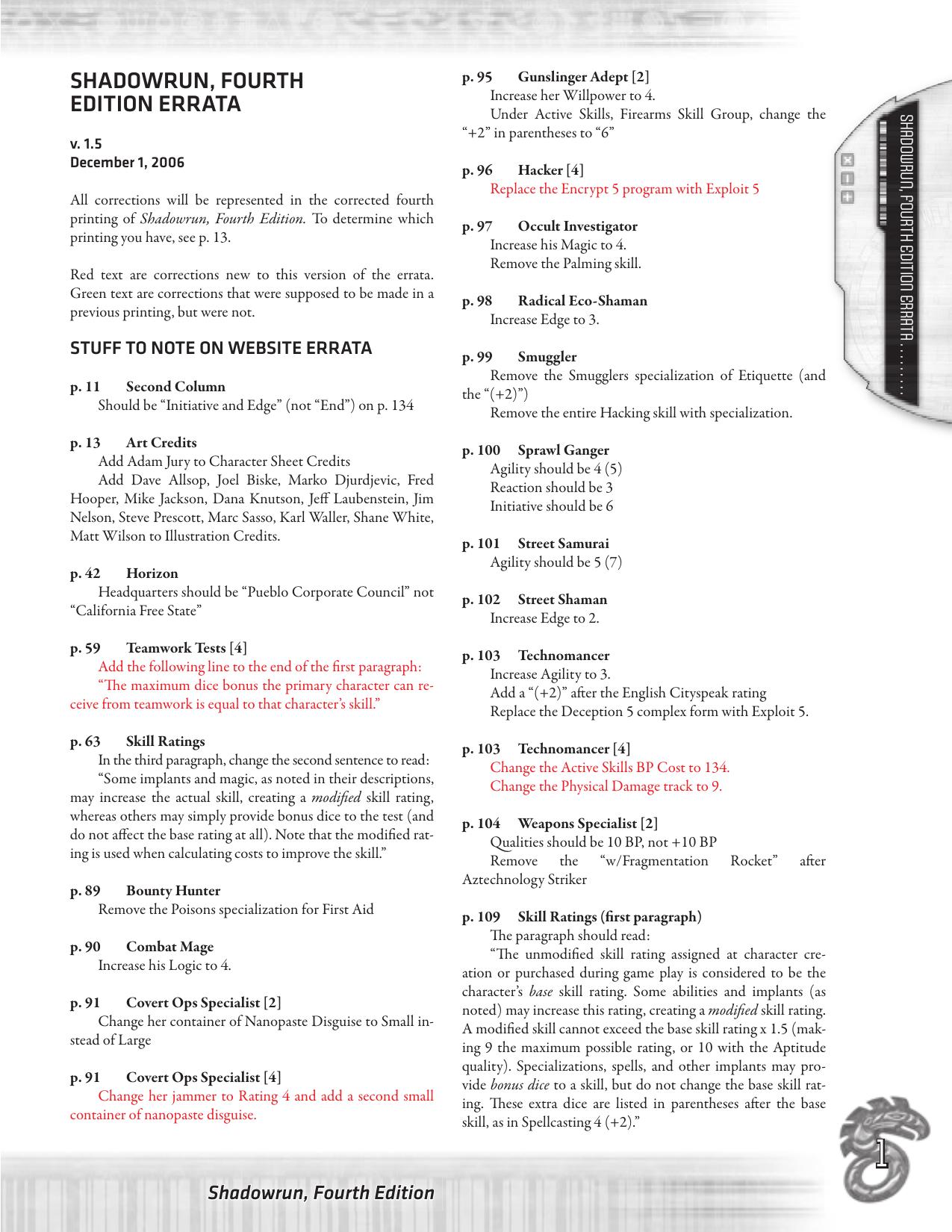 Shadowrun, Fourth Edition Errata v1.5