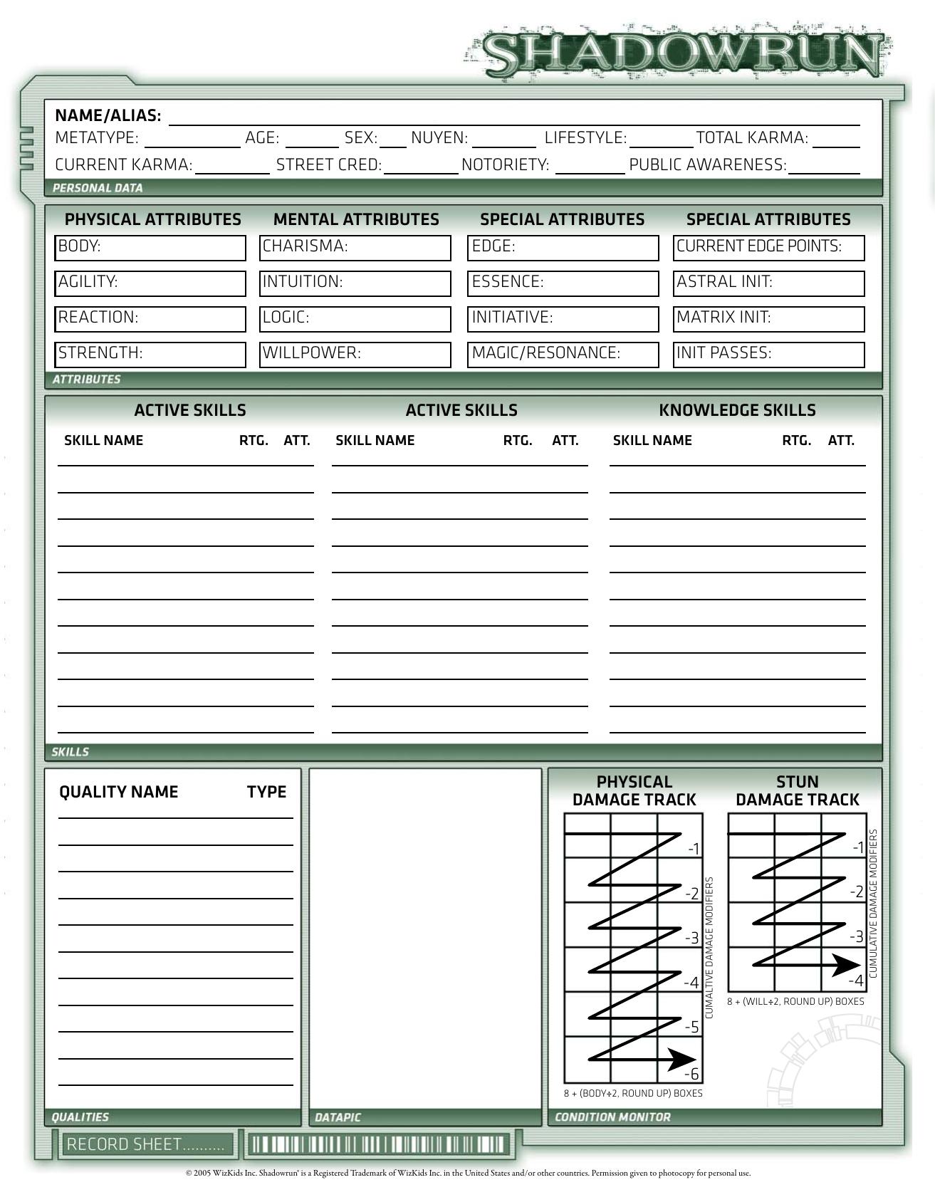 Shadowrun Fourth Edition Character Sheet