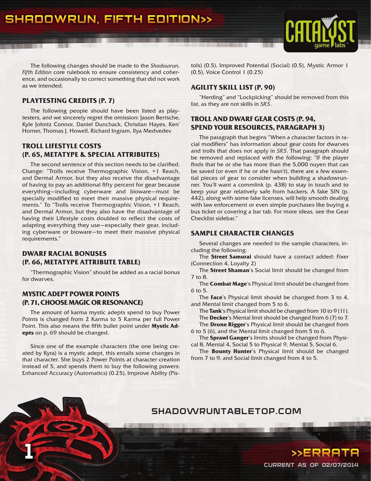 Shadowrun, Fifth Edition Errata