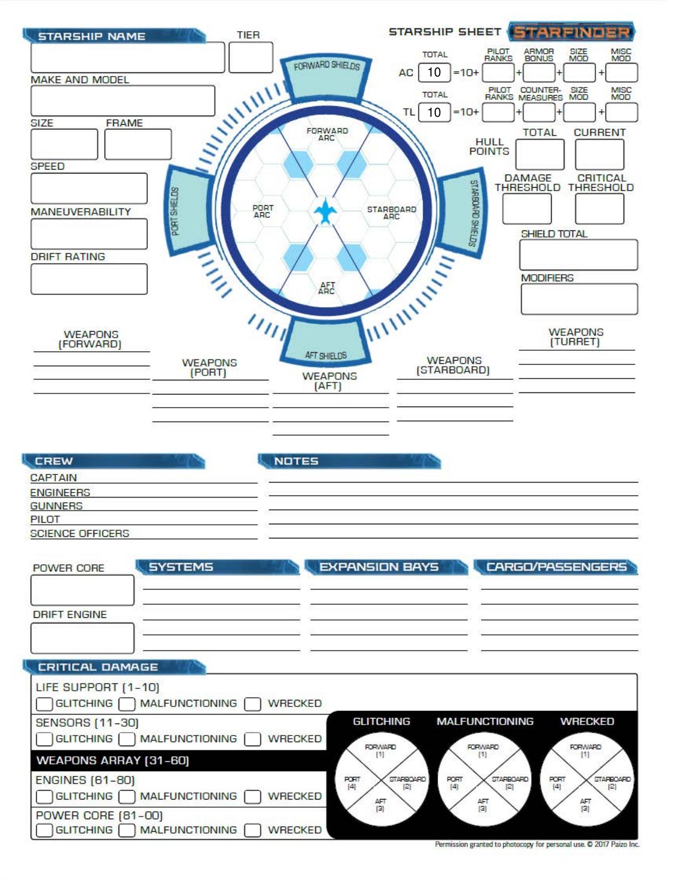 Starship Control Sheet Editable