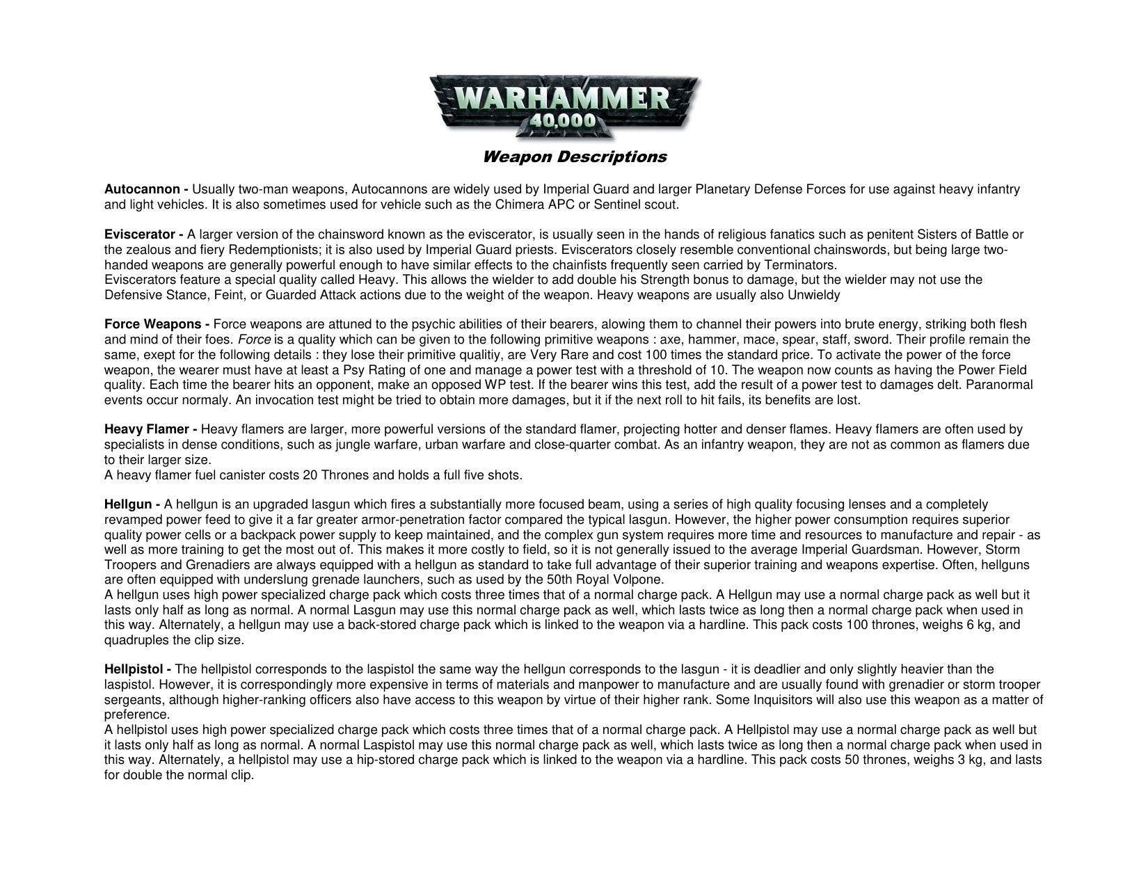 40k Weapons and Ammo Descriptions