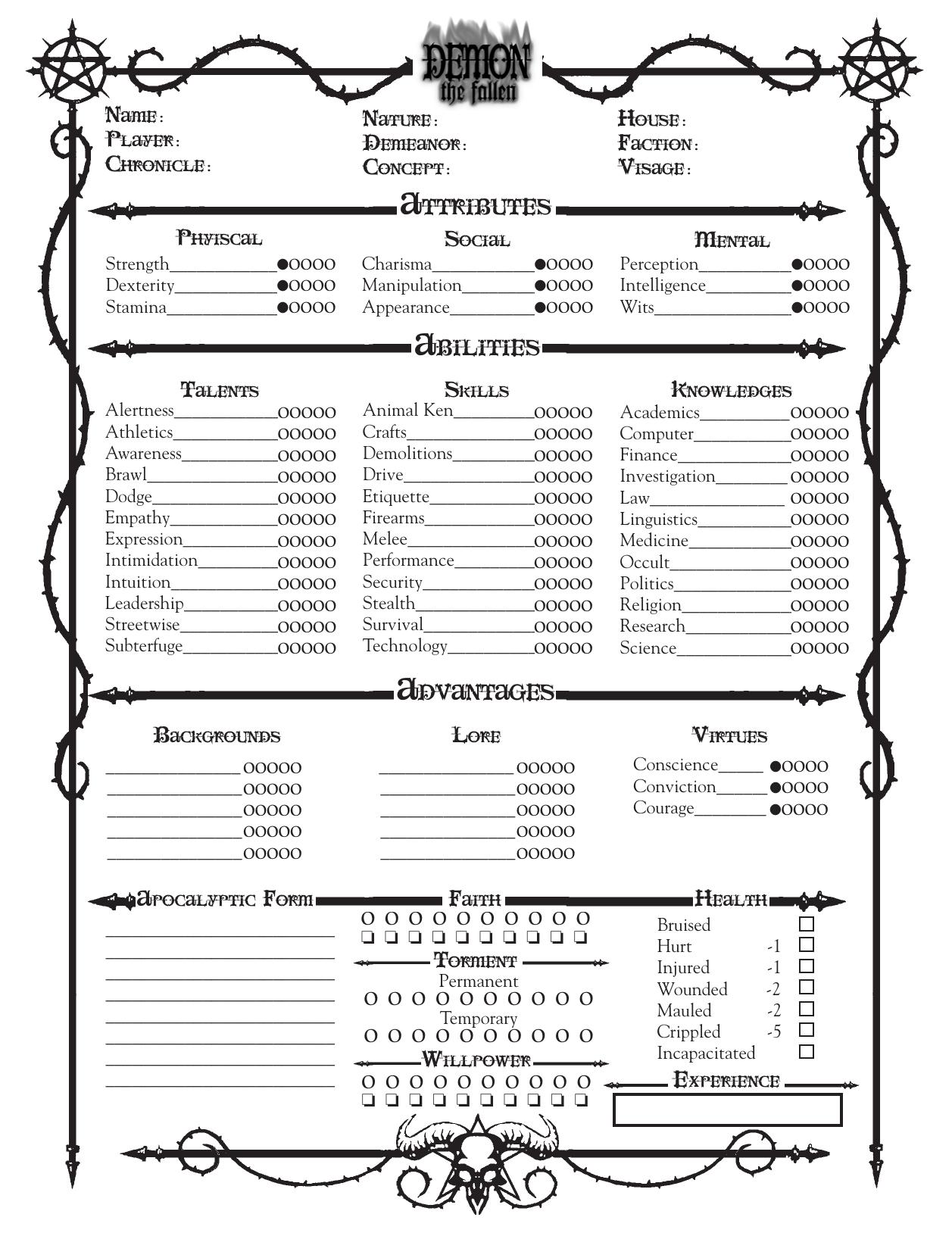 Demon: The Fallen Character Sheet