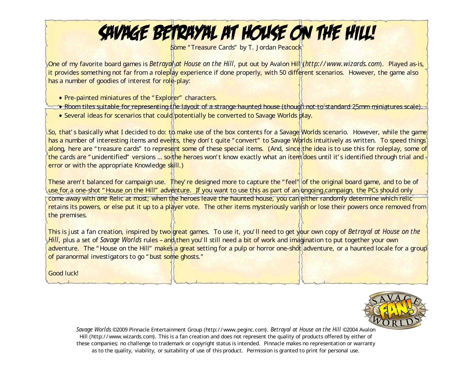 Treasure Cards: House on the Hill