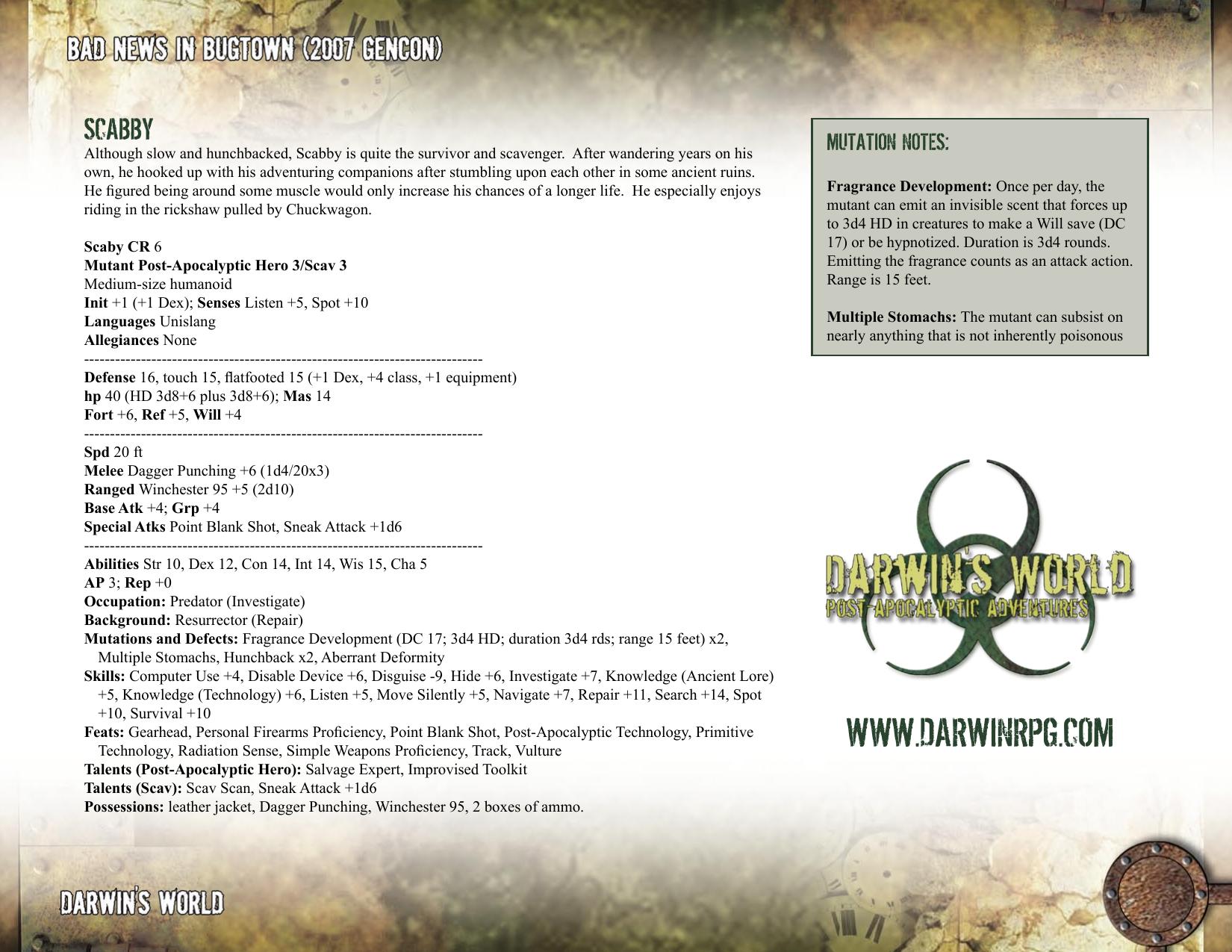 Bad News in Bugtown Pregenerated Characters