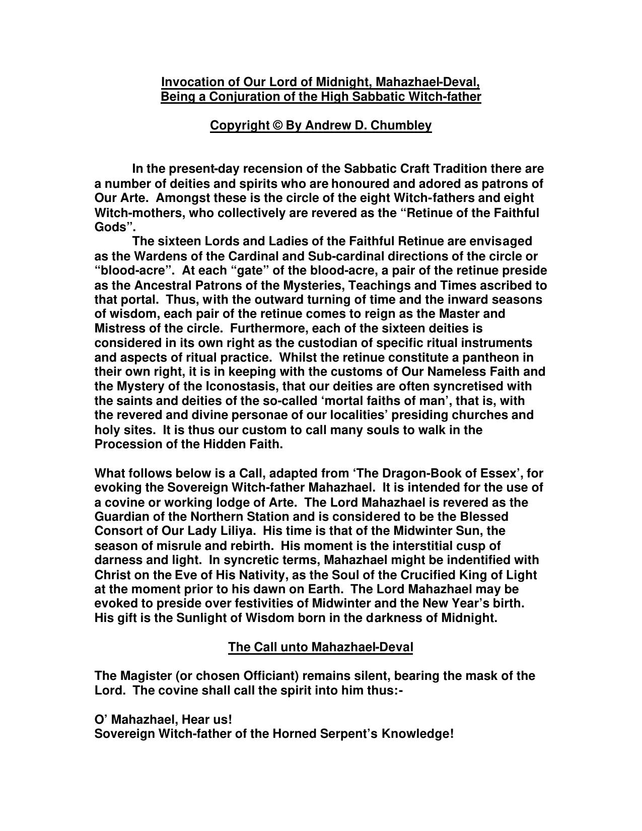 Invocation of Our Lord of Midnight, Mahazhael-Deval