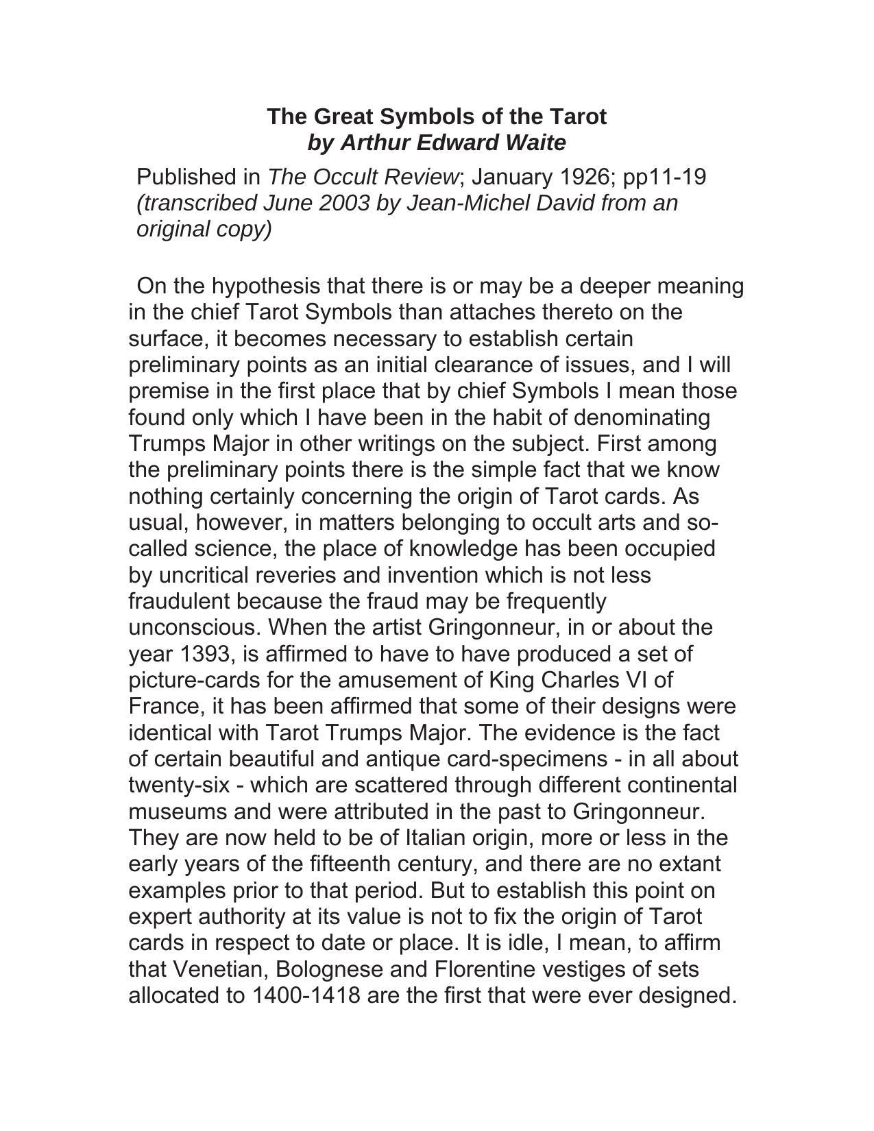 The Great Symbols of the Tarot