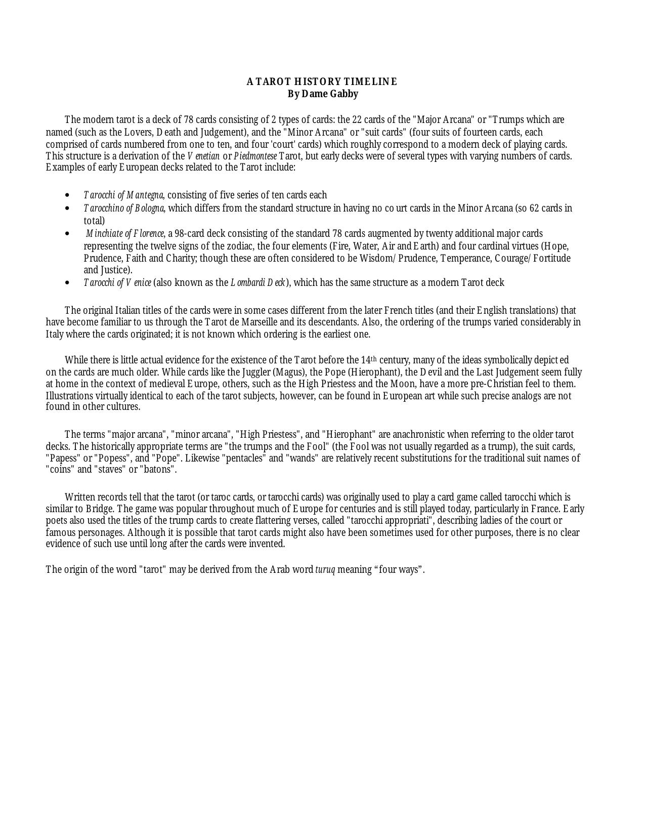 A TAROT HISTORY TIMELINE
