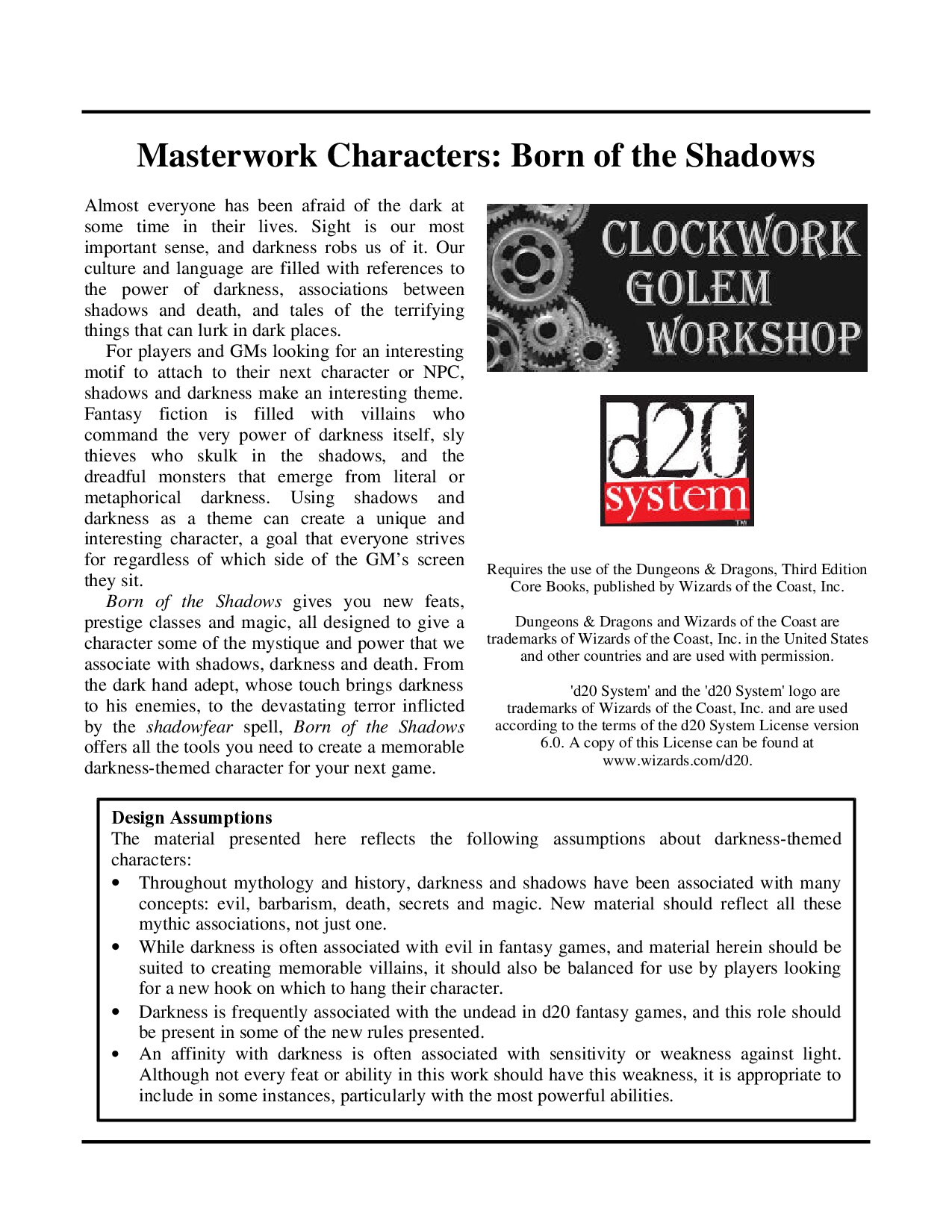 Masterwork Characters: Born of the Shadows