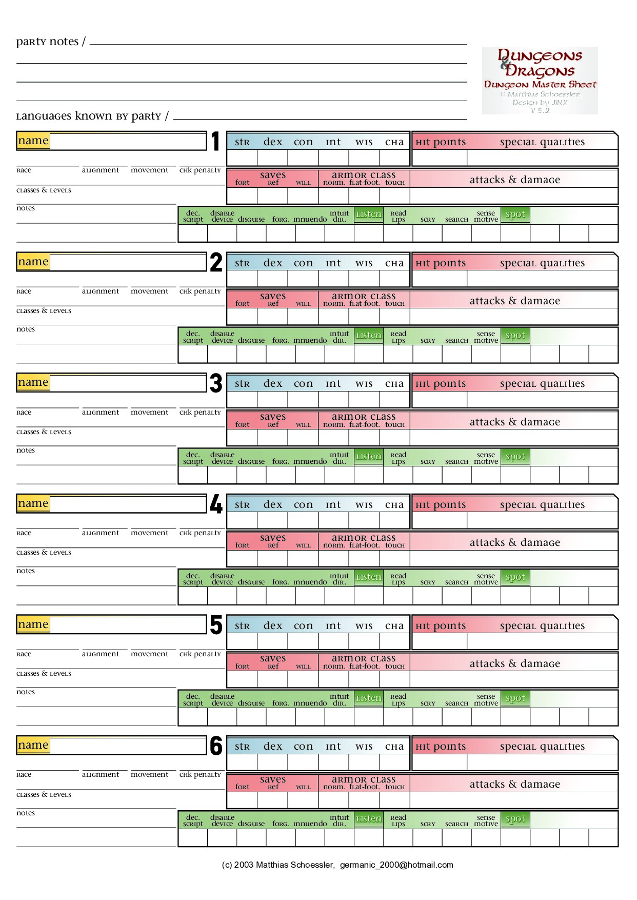 DnD 3e Dungeon Master's party sheet v2.0
