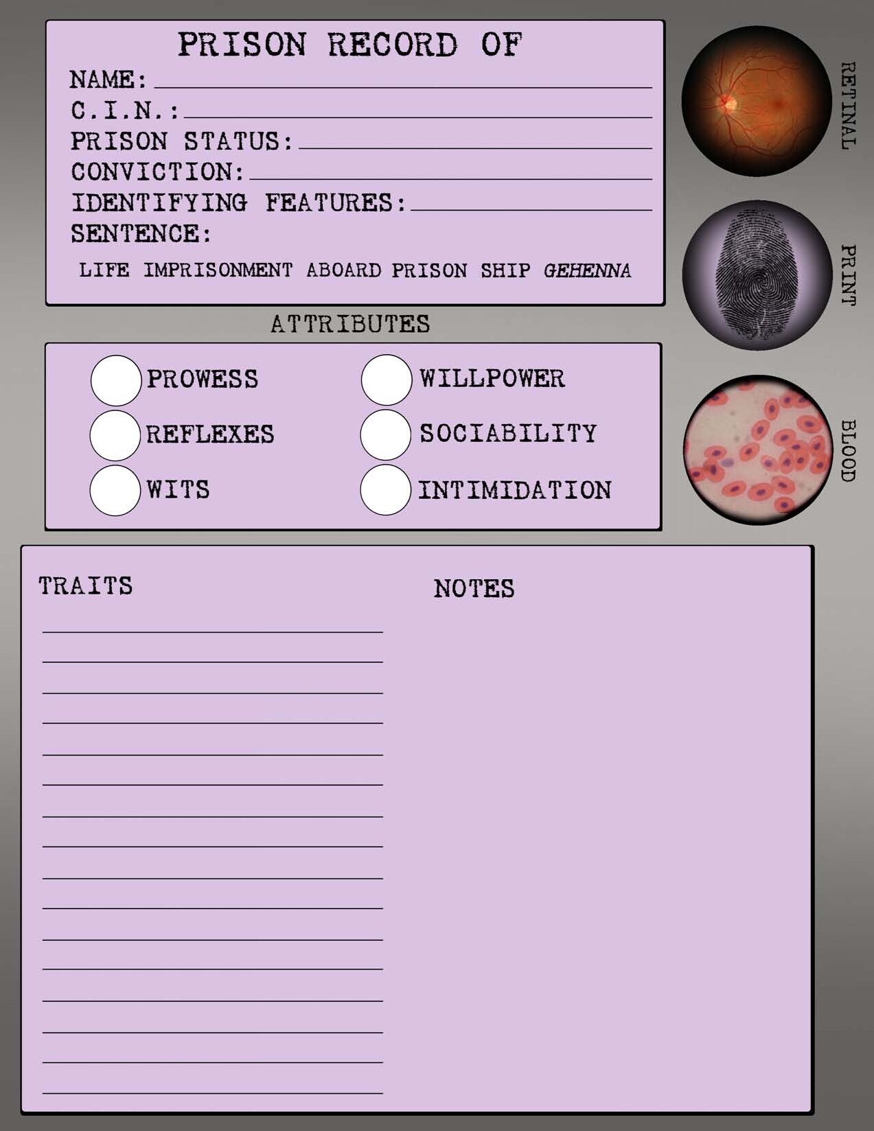 Abandon All Hope Character Sheets