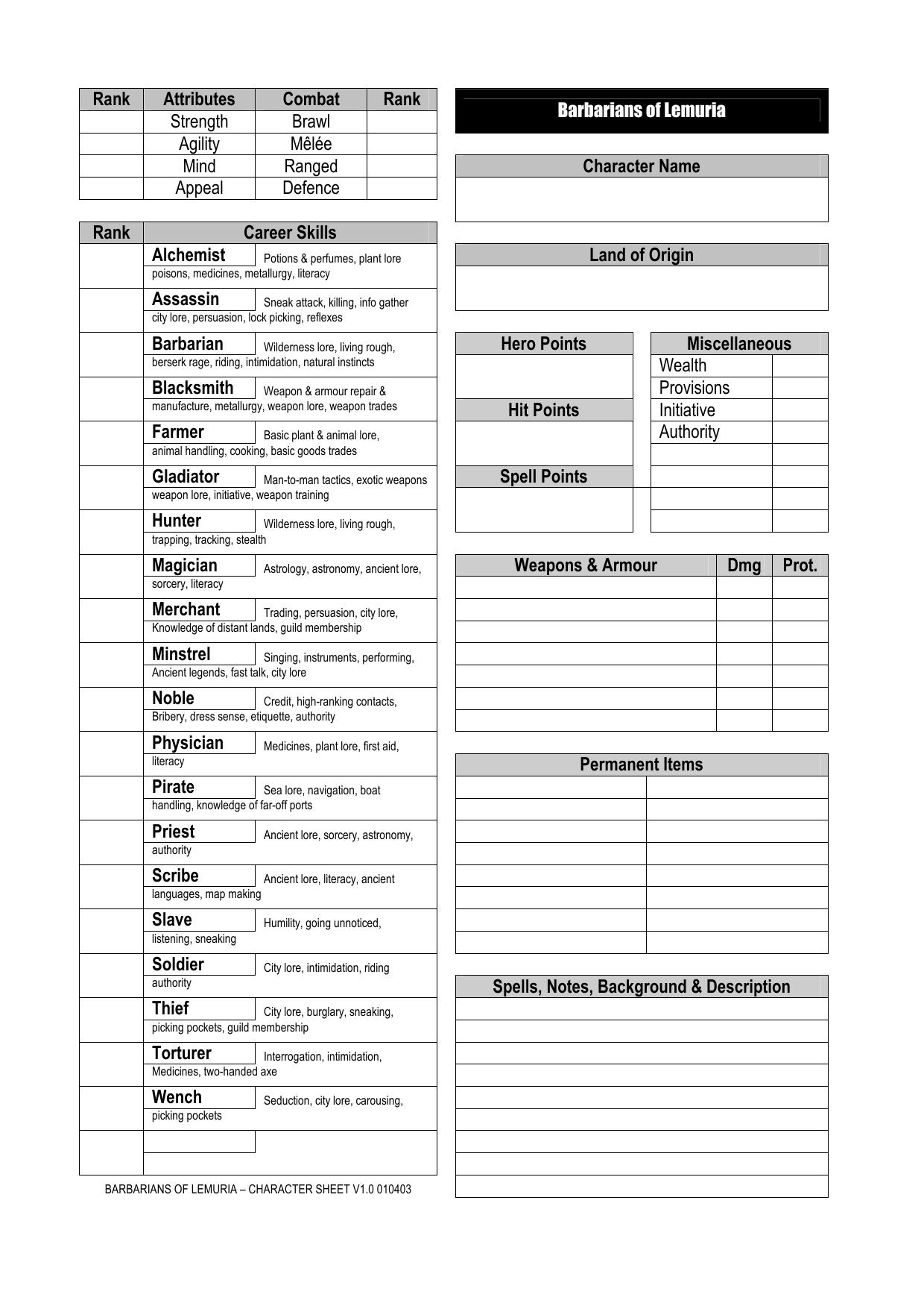 Barbarians of Lemuria Character Sheet 2