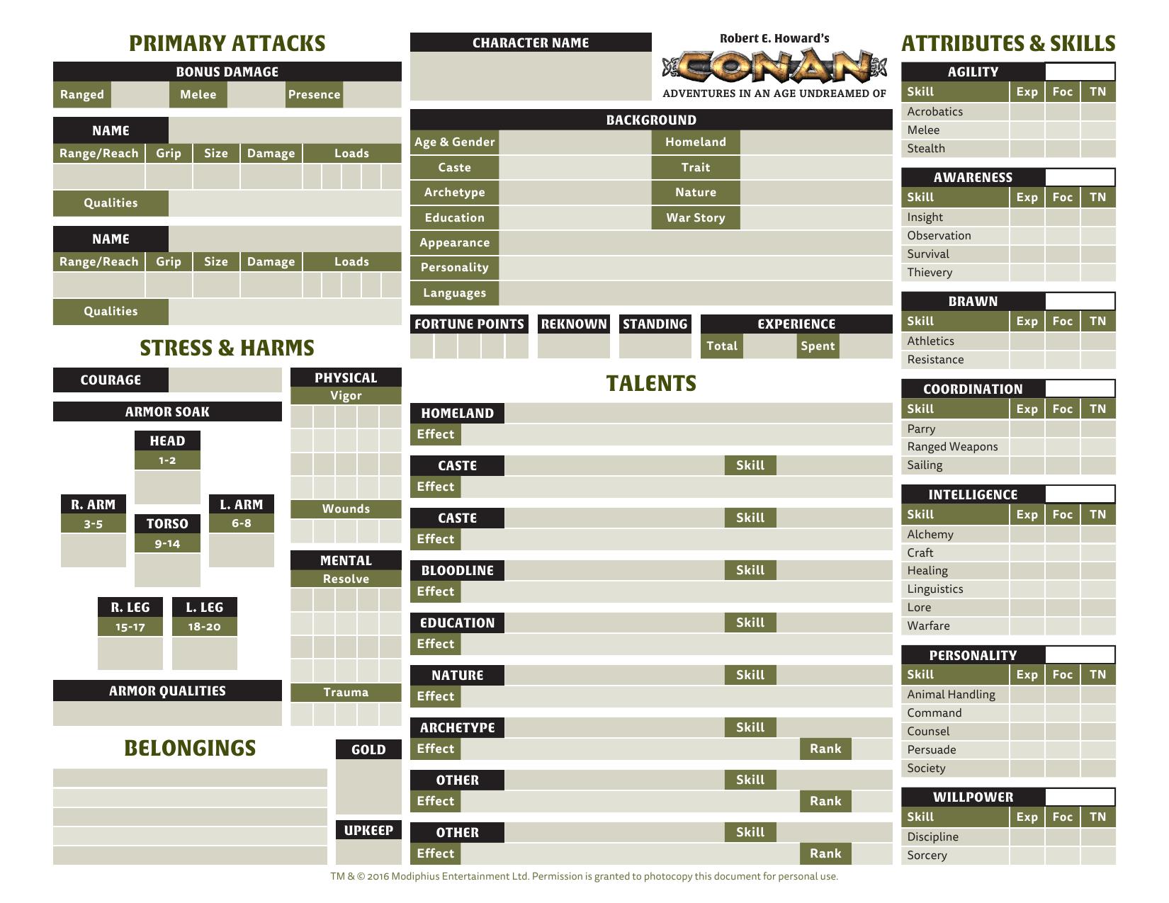 Conan 2d20 Modiphius Character Sheet Basic no Texture