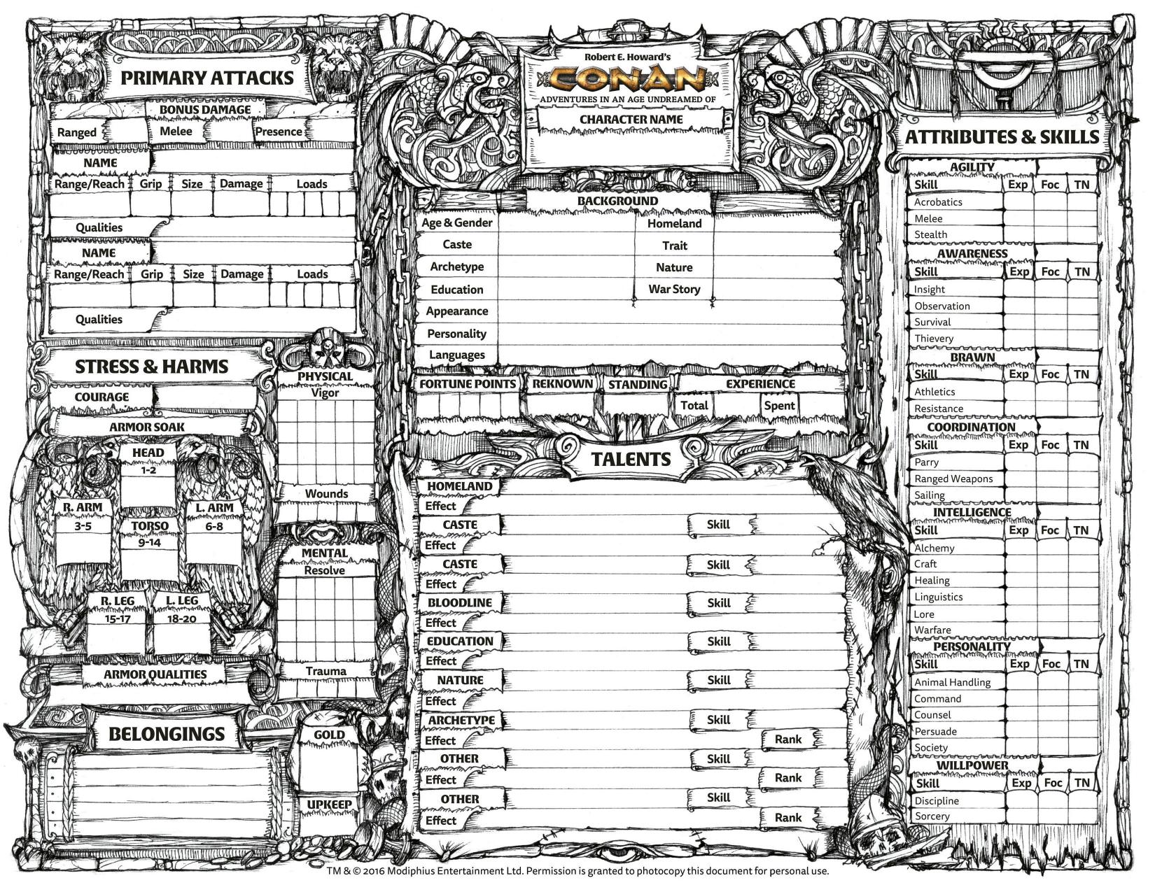 Conan 2d20 Modiphius Character Sheet Inked