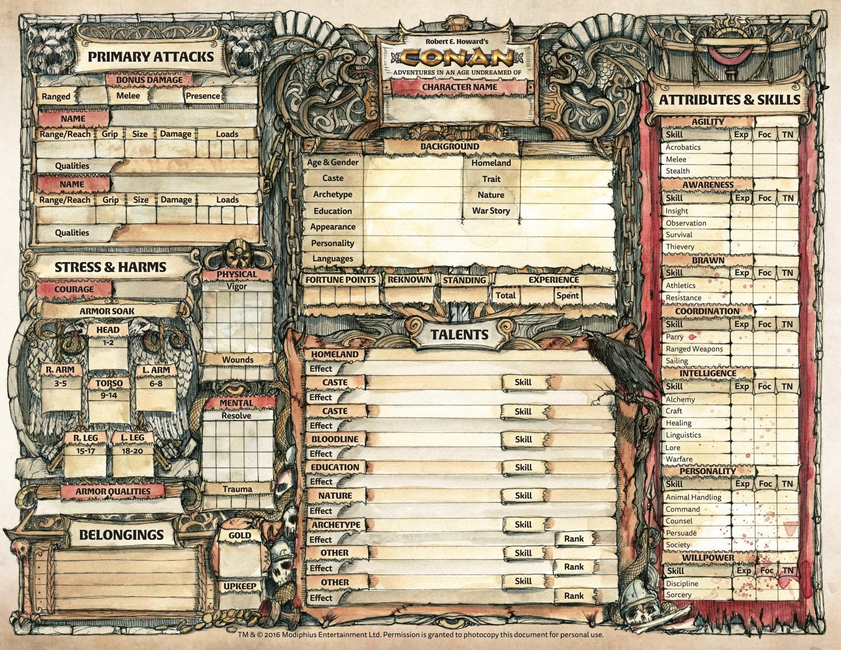 Conan 2d20 Modiphius Character Sheet Painted