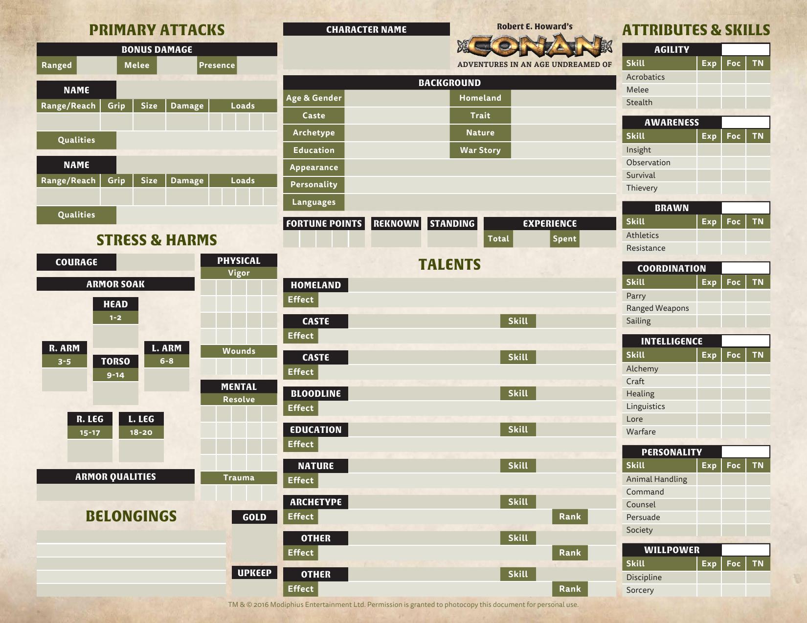 Conan 2d20 Modiphius Character Sheet Basic