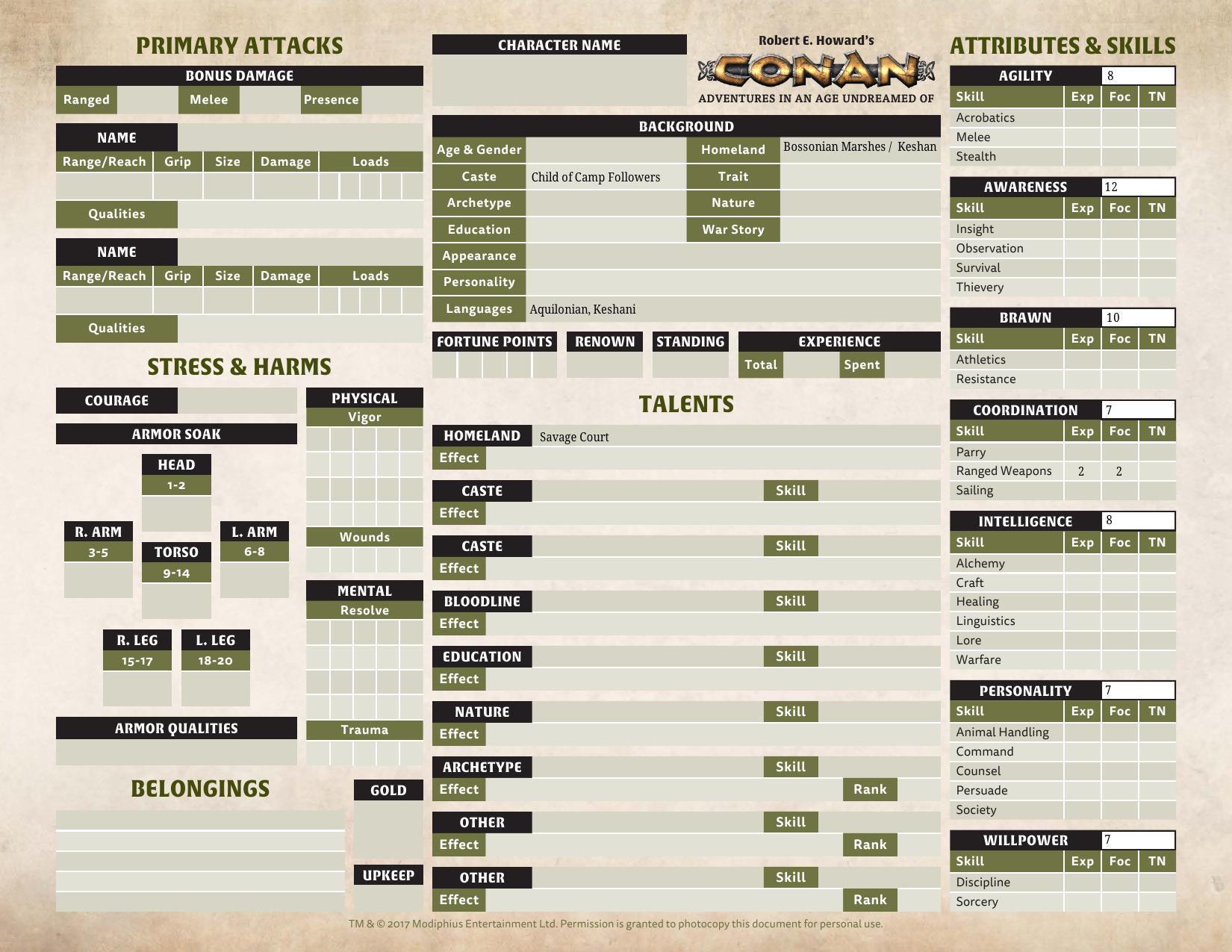 Conan 2d20 Character Sheet Basic with No background