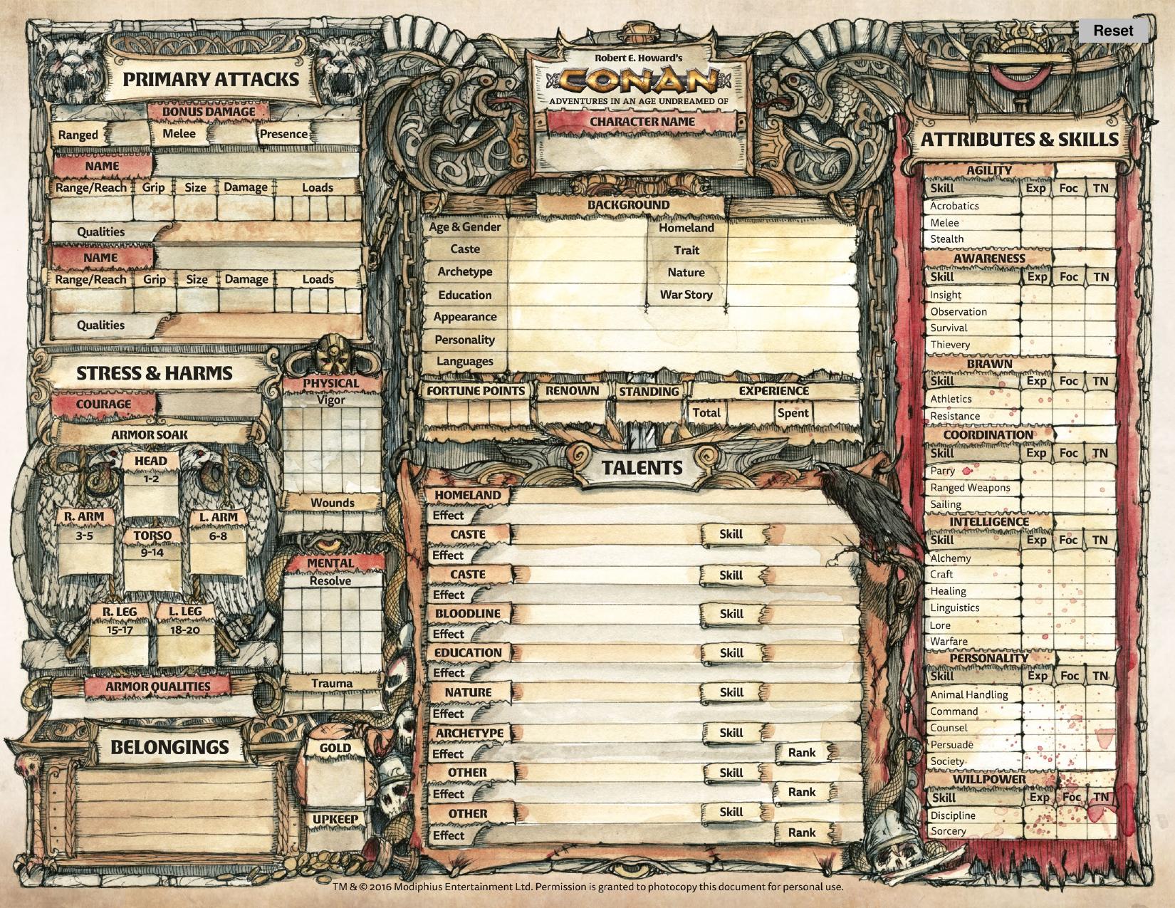 Conan 2d20 Character Sheet Inked Extended