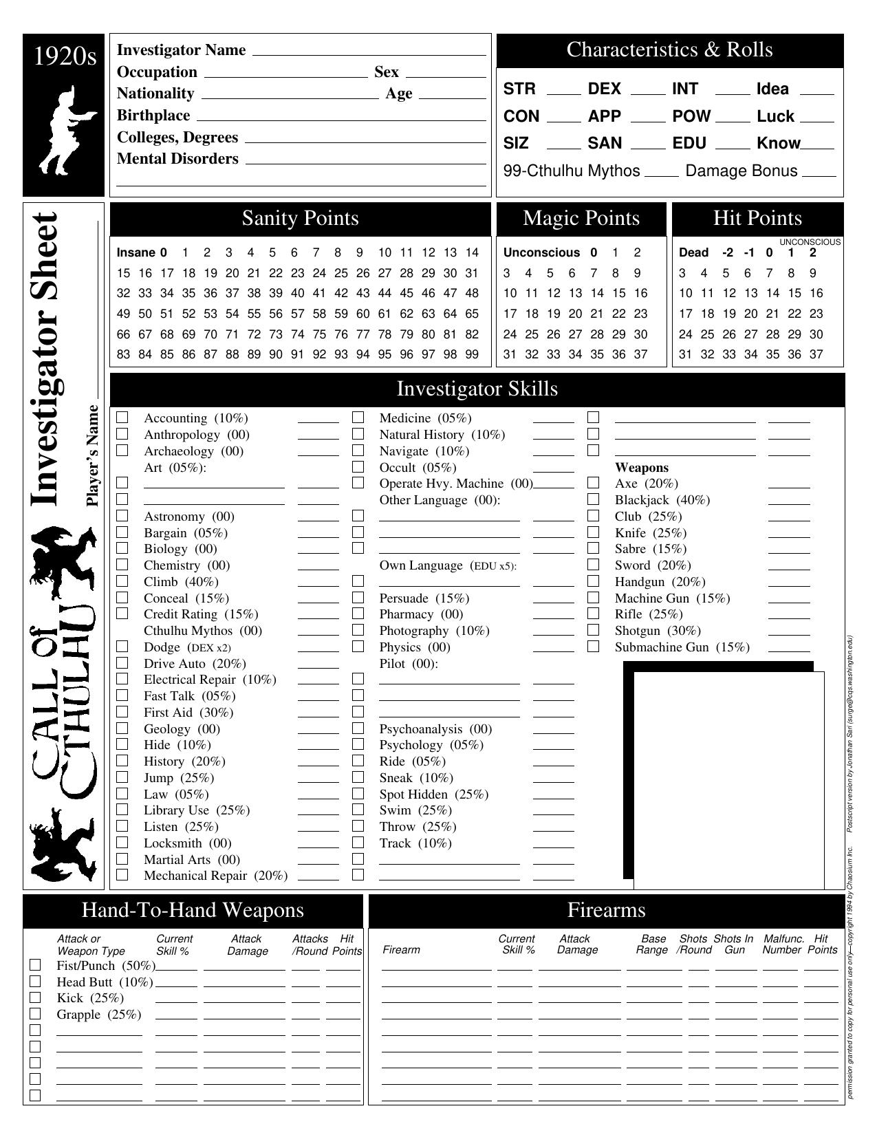 CoC 1920s Investigator Sheet