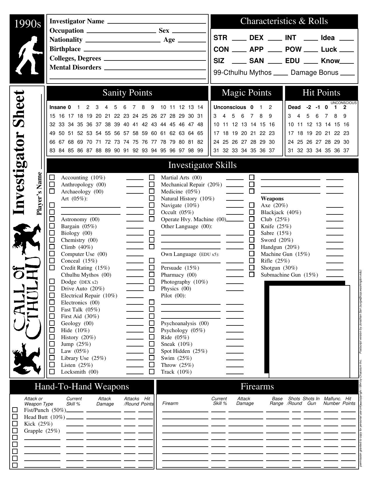 CoC 1990s Investigator Sheet