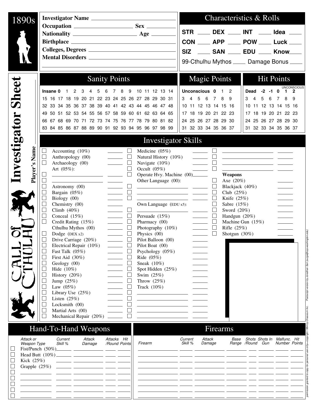 CoC 1890s Investigator Sheet