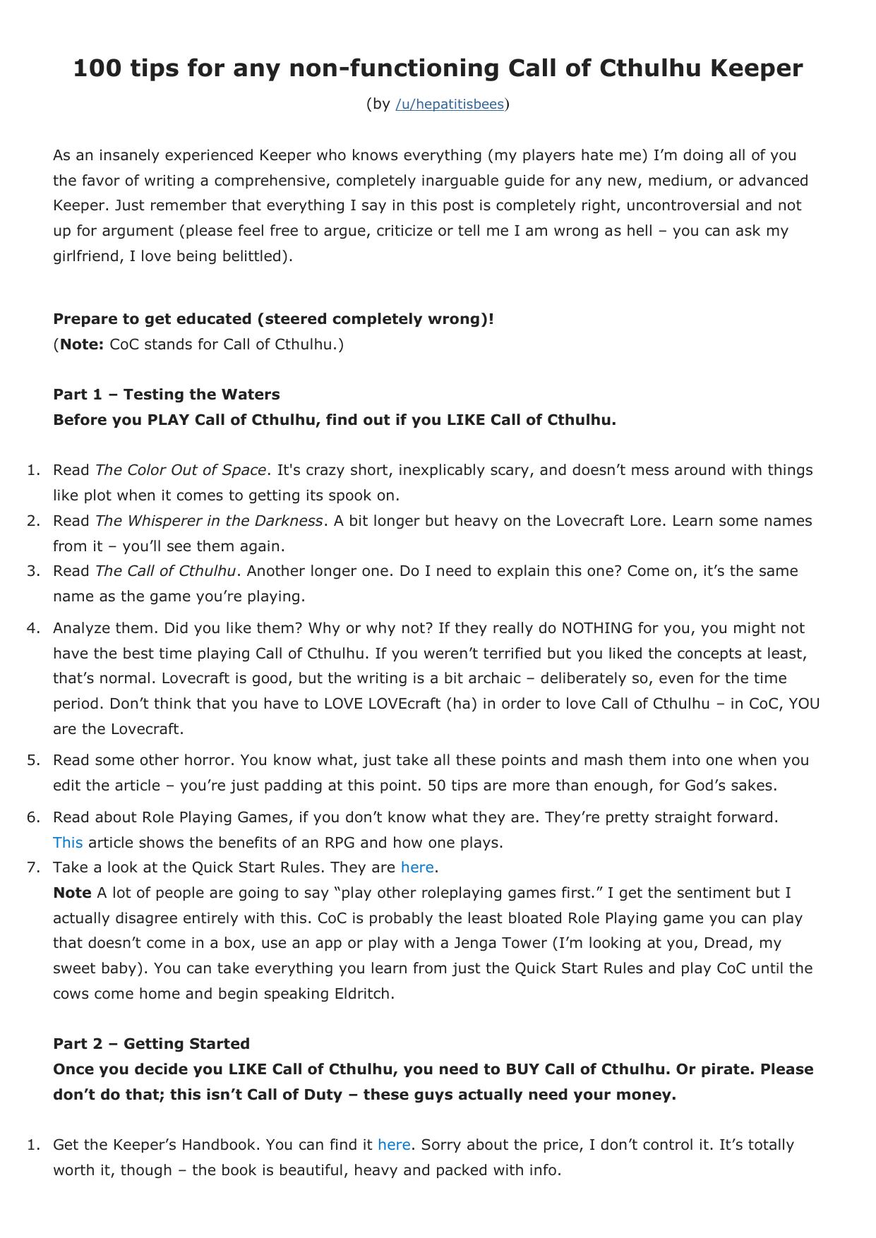 100 tips for any non-functioning Call of Cthulhu Keeper