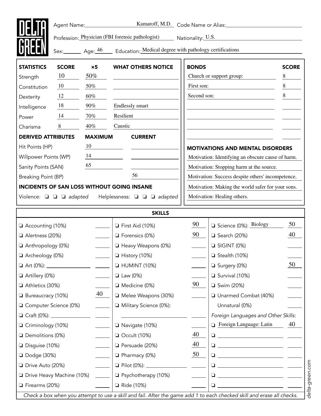 Delta Green RPG - PreGen - Physician