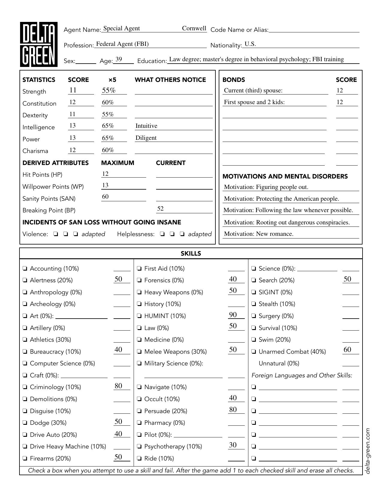 Delta Green RPG - PreGen - Federal Agent