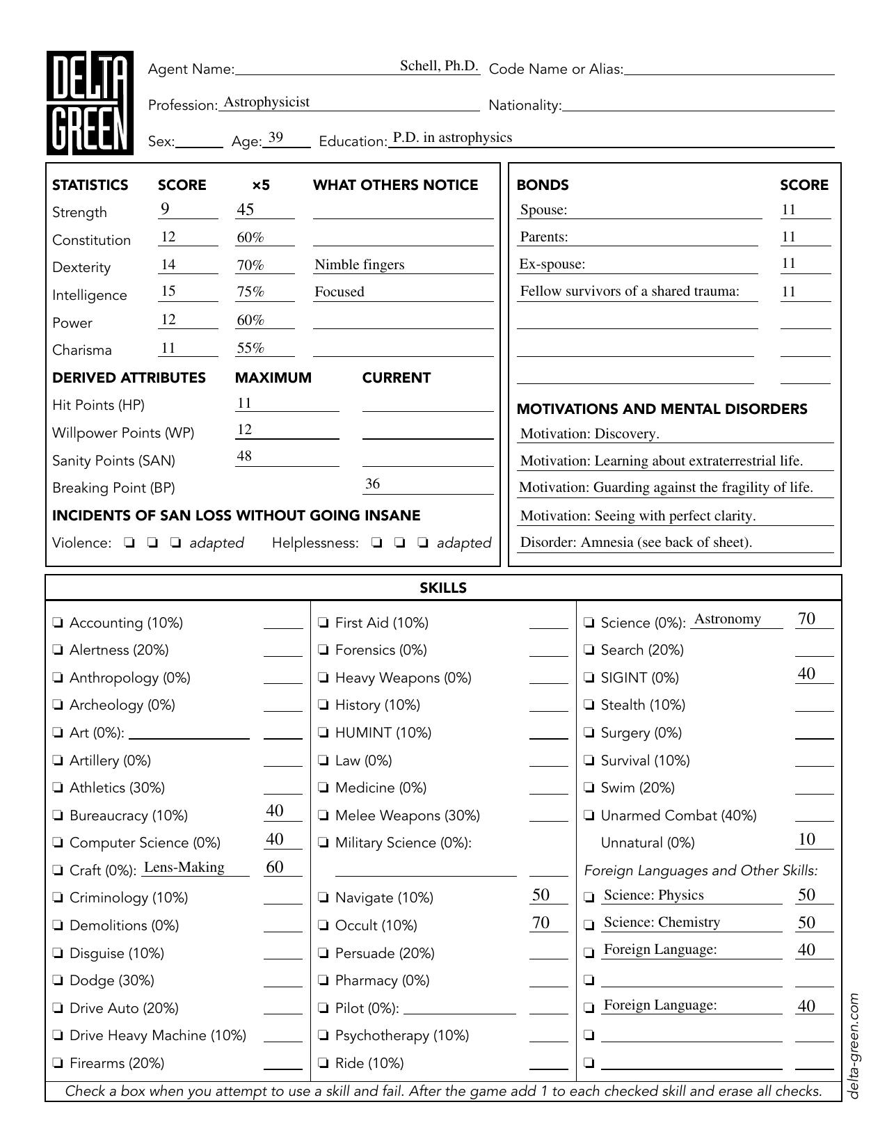 Delta Green RPG - PreGen - Astrophysicist
