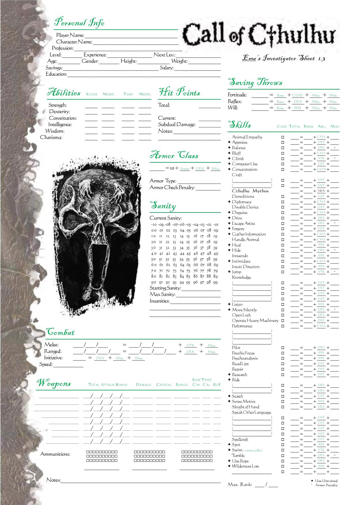 Call of Cthulhu d20 Investigator Sheet 1.3
