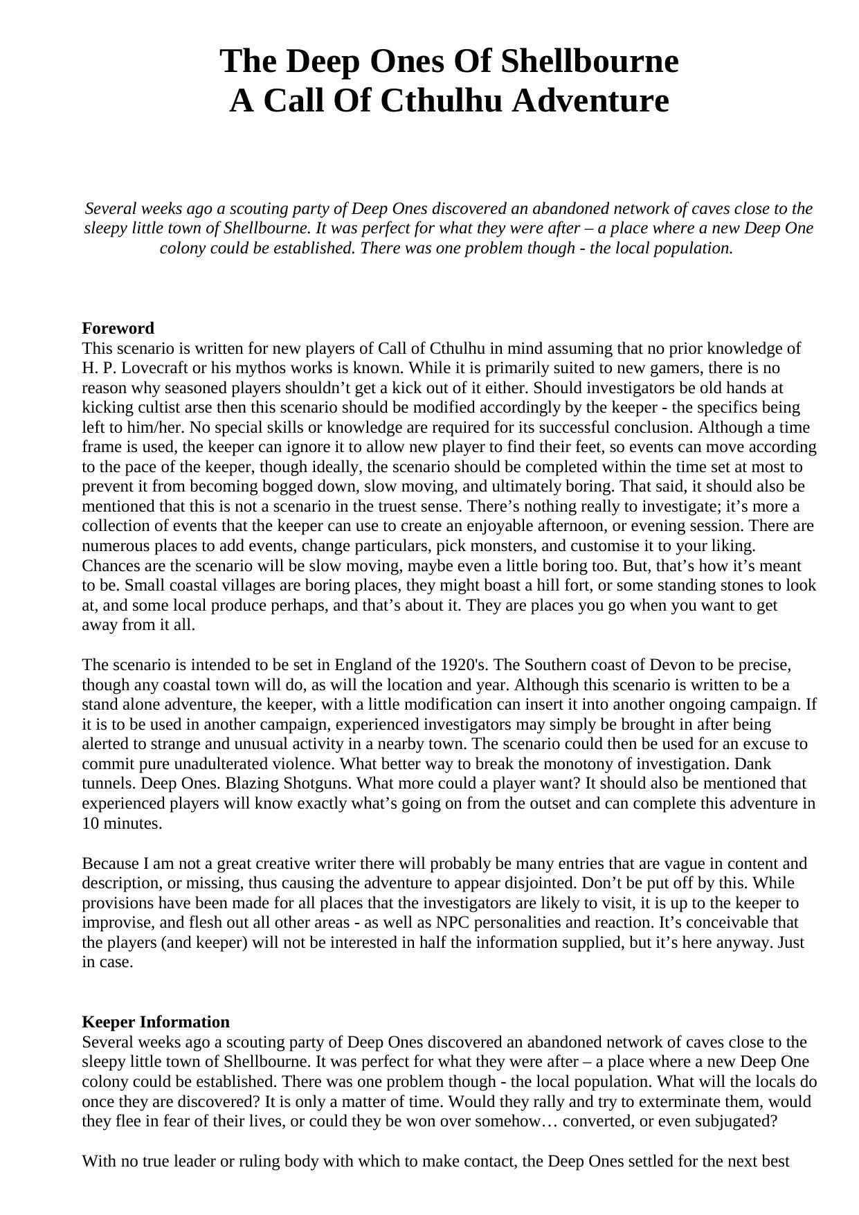 The Deep Ones of Shellbourne CoC