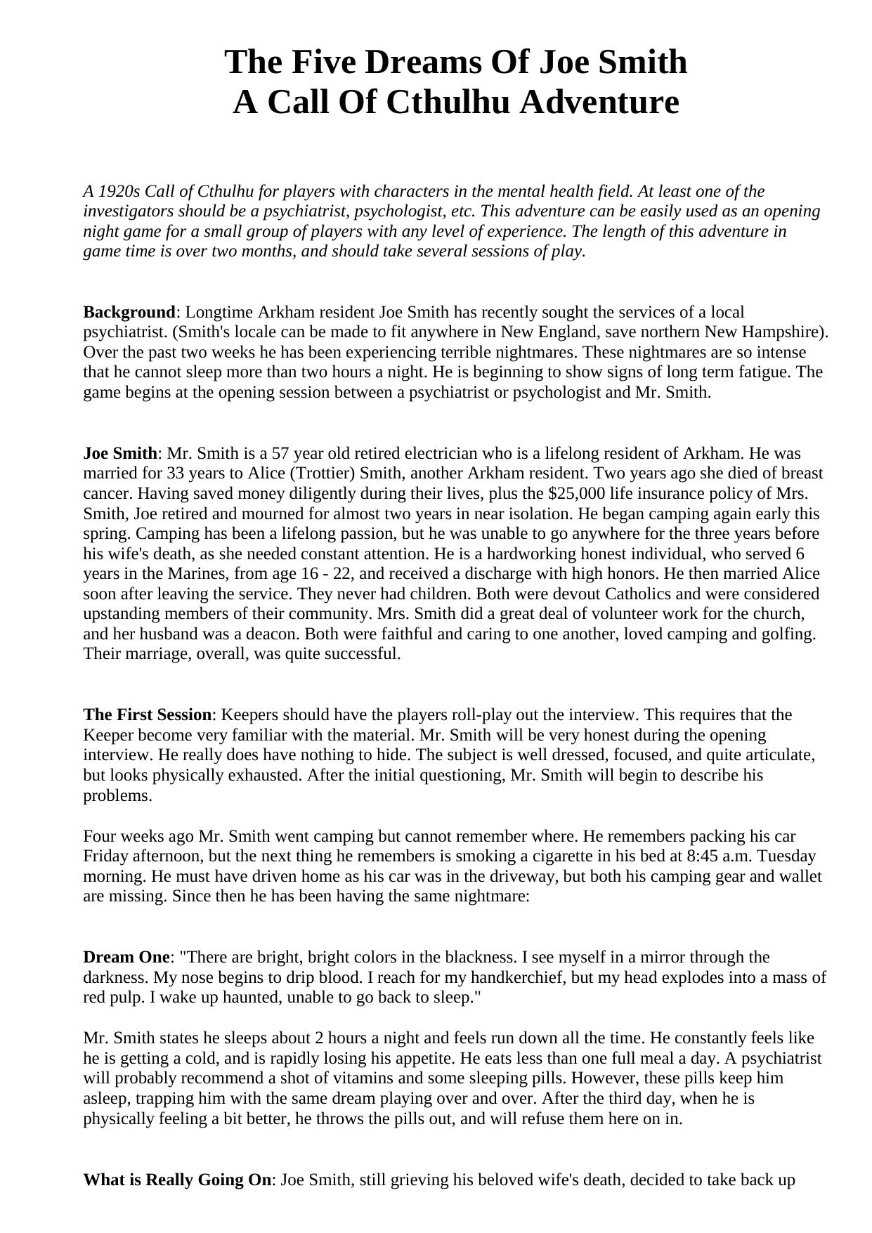 The Five Dreams of Joe Smith CoC