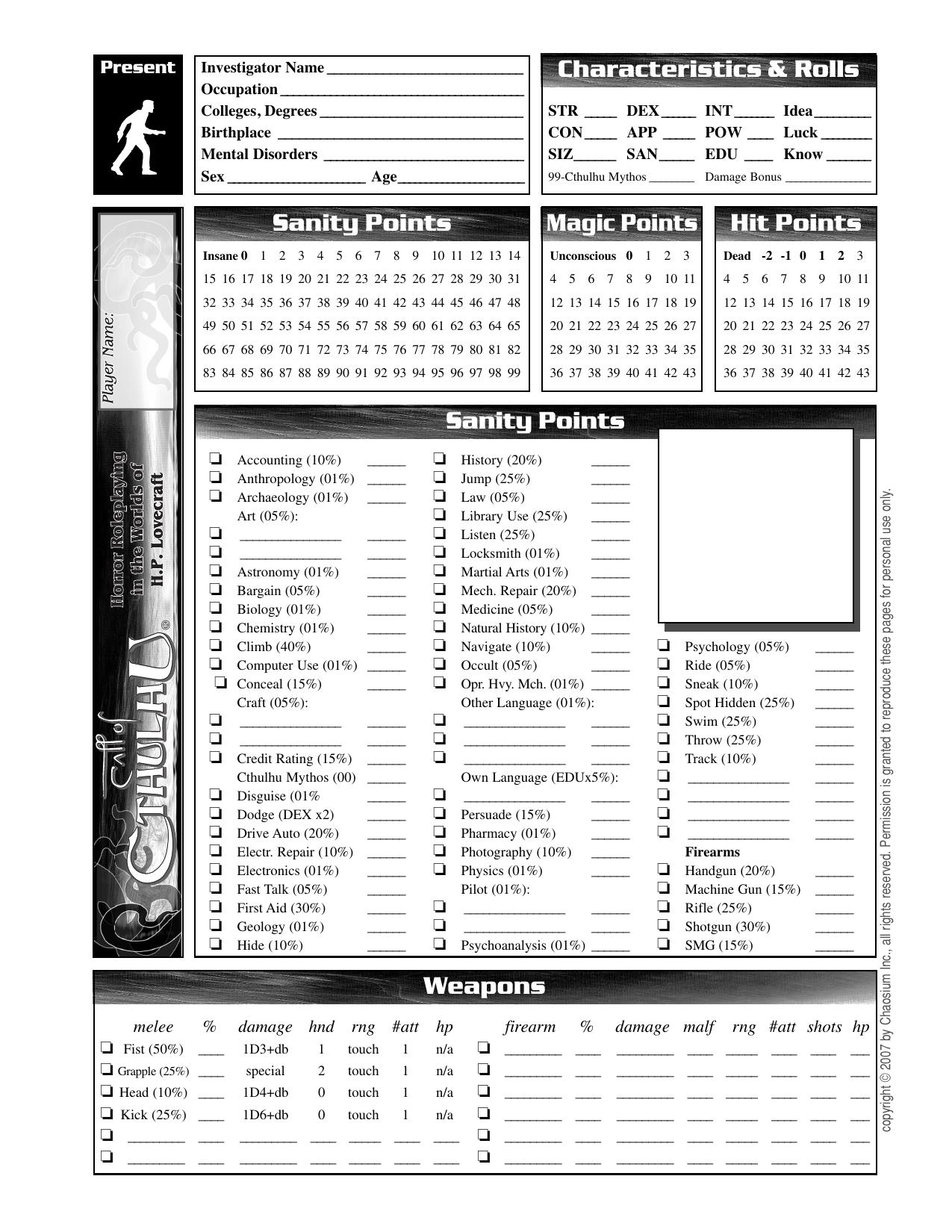 COC6 Character Sheets